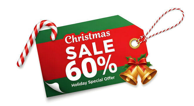 Christmas Sale Tag with Candy Cane Bells and 60 Percent Discount Offer image photo
