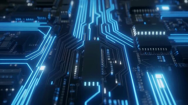 Glowing blue circuit board pathways symbolize data flow and technological advancement.