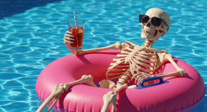 Skeleton in sunglasses relaxing in a pool on a pink float