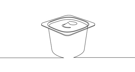 Square yogurt or dessert cup in one line art style. Drawing of food packaging with editable black stroke. Vector illustration.