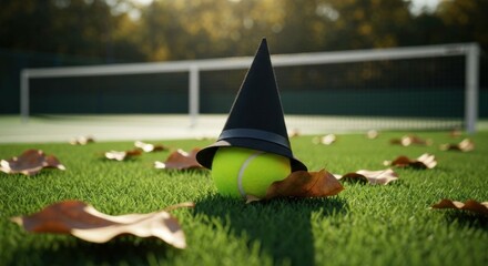 Fototapeta premium Tennis ball wearing a witch hat on a court with fall leaves