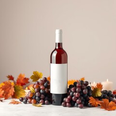 Obraz premium Red wine bottle, fresh grapes, autumn leaves, and cozy candles.