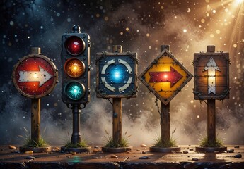 fantasy direction signs with glowing arrows and cosmic elements on a rustic wooden platform.