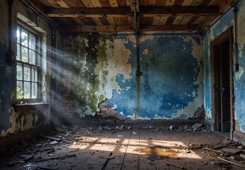 abandoned interior with peeling paint and sunbeams streaming through a window
