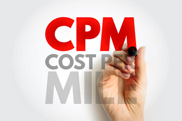 CPM Cost Per Mile marketing and transportation concept with hand and marker. Financial performance and advertising abbreviation shown on clean white background
