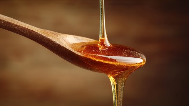 oligarchy. Golden honey dripping from a wooden spoon against a natural wood background. menu design, packaging mockups, designed for culinary blogs and recipe cards for restaurants.