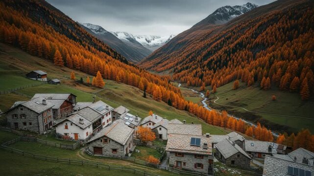 Picturesque alpine village with traditional stone houses nestled in a scenic valley. Vibrant orange larch trees adorn the steep mountain slopes during a beautiful autumn day