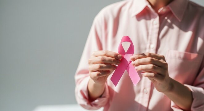Woman holding pink ribbon for breast cancer awareness