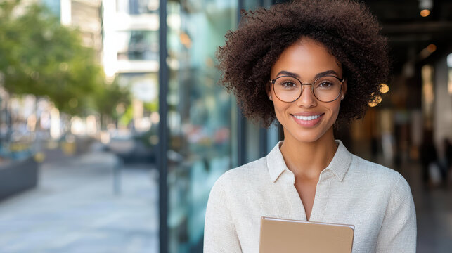 Young woman holding notebook smiling outdoors with thoughtful expression