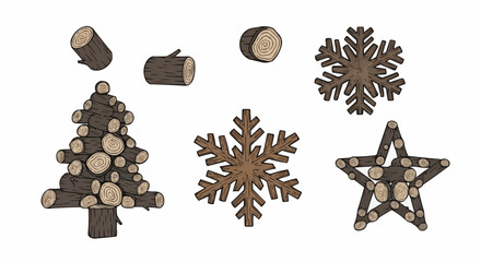 Handcrafted Wooden Christmas Decorations Festive Tree, Snowflakes, and Star Ornaments Made from Natural Logs – Creative DIY Holiday Craft Project