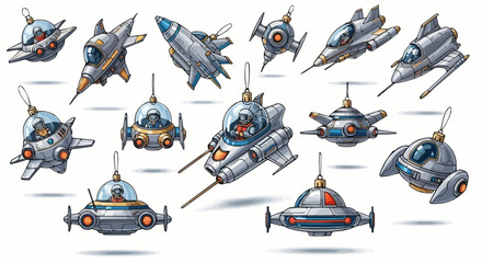 Collection of Diverse Retro-Futuristic Spaceships and Submarines Whimsical Cartoon Sci-Fi Vehicles Set
