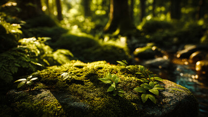 Sous-bois, sol de la forêt, rocher avec mousse, socle pour présentation produit