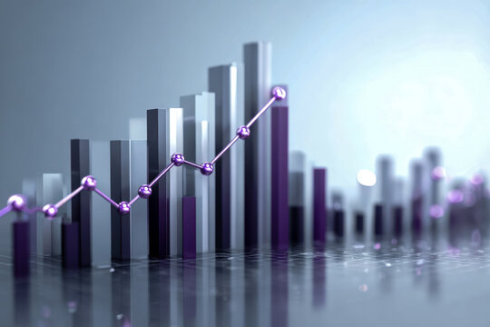 3d visualization of a futuristic financial growth chart with metallic bars and a connected purple data line showing upward market trends in a modern design