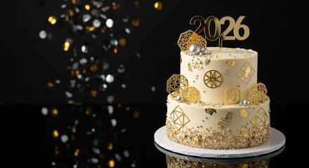 New Year celebration cake with metallic gold decorations, 2026 topper, glitter sprinkles, elegant champagne-style theme, party confetti in background, glossy black table, modern luxury style, high-det