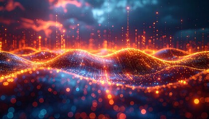 Abstract landscape with glowing orange particles on undulating blue waves, under a dark, stormy, light filled sky