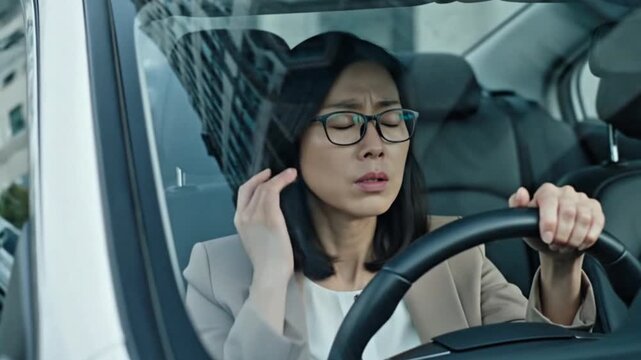 Stressed driver holding steering wheel with eyes closed while experiencing emotional fatigue inside car during busy day  
