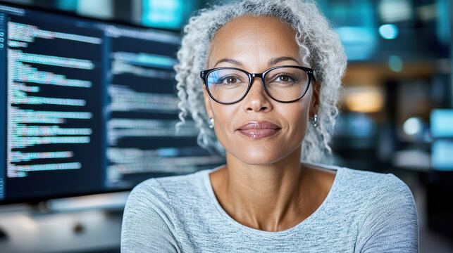 Senior woman programmer wearing glasses looking confident in office with computer code