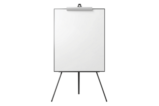Blank White Flip Chart on Tripod Easel Stand Isolated on Transparent Background. Flip Chart Board on Tripod Easel Mockup Transparent PNG.