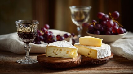Gourmet cheese platter with red wine glasses and fresh grapes on a rustic wooden table