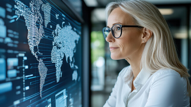 Global supply chain map woman reviewing data visualization with focus and determination