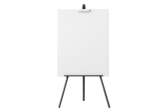 Blank White Flip Chart on Tripod Easel Stand Isolated on Transparent Background. Flip Chart Board on Tripod Easel Mockup Transparent PNG.