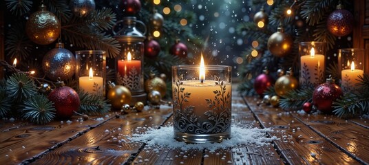 cozy christmas still life with lit candles, ornaments, and snow on rustic wood background.