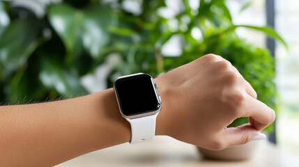 White smartwatch wrist with blurred plant background showing modern wearable tech and calm mood