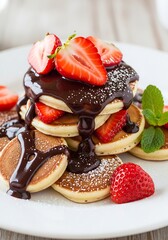 Delicious Pancakes with Chocolate Sauce and Fresh Strawberries.