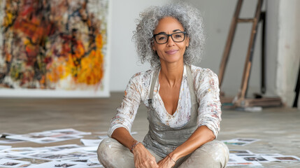 Elegant gray haired artist seated on floor sorting photographic prints with calm confidence