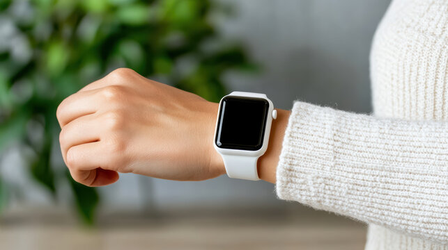 Woman checking smartwatch on wrist in cozy sweater minimal tech lifestyle