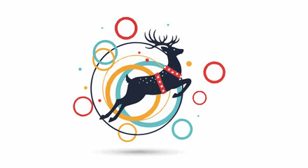 Joyful jumping reindeer illustration amidst a playful burst of colorful abstract circles, perfect for festive winter holiday designs