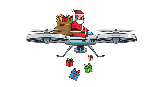 Futuristic Christmas delivery with Santa Claus piloting a high-tech drone dropping colorful holiday gifts