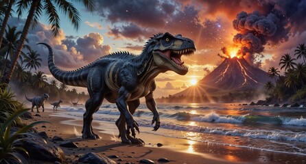 powerful tyrannosaurus rex on tropical beach with erupting volcano in background, prehistoric scene.