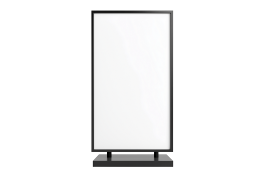Blank white information display stand mockup with black frame isolated on Transparent Background. White Info Stand Mockup with Black Frame Transparent PNG.