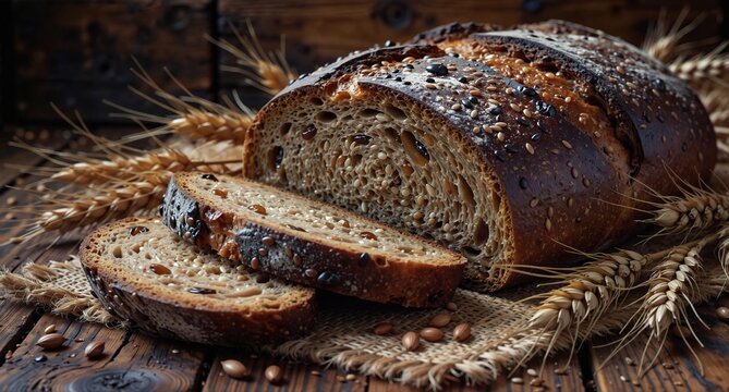 freshly baked multigrain bread loaf with slices and wheat stalks on a rustic wooden table. - Powered by Adobe