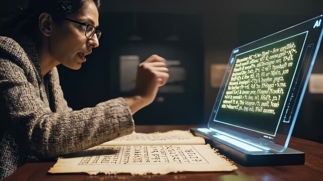 Woman Reads Ancient Manuscript on Holographic Screen Technology - Powered by Adobe