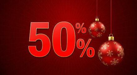 Fifty Percent Off Christmas Sale With Red Ornaments And Snowflakes 50 percent off discount