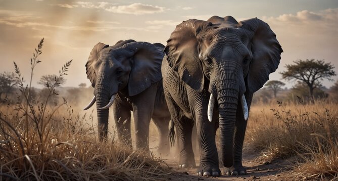 african elephants walking through dry savanna grass at golden hour, wildlife conservation concept