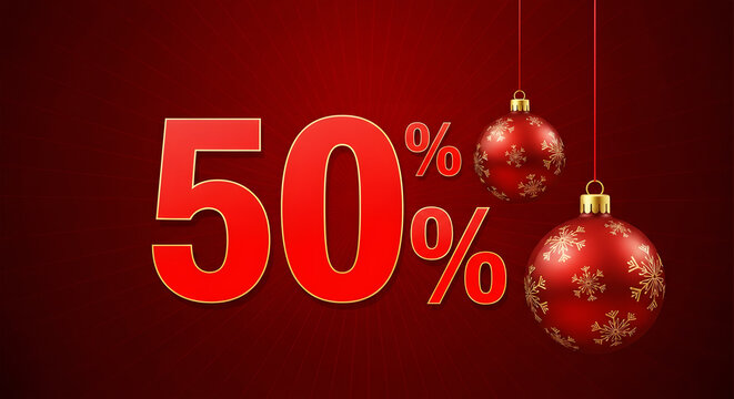 Fifty Percent Off Christmas Sale With Red Ornaments And Snowflakes 50 percent off discount