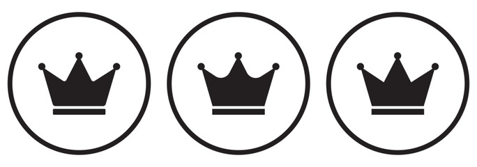 Crown icons set. King, Princess crowns. Royal crown symbol collection. Three crown icons inside circles representing royalty power leadership and authority.