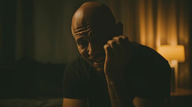 Emotional man in low light reflecting on life, capturing deep feelings of sadness and introspection