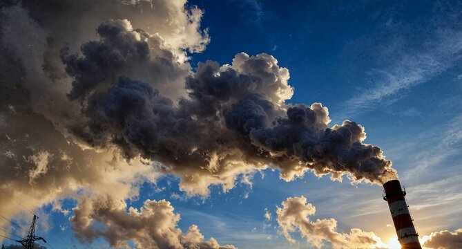 industrial smokestack emitting dark smoke against a dramatic cloudy sky, pollution concept.