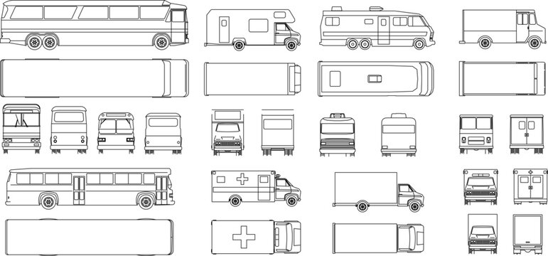 Technical vector set of passenger, leisure, and utility vehicles (bus, RV, ambulance, box truck) in side, plan, front, and rear views.
