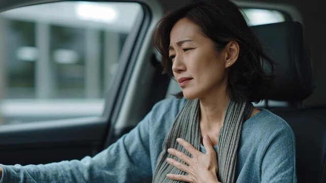 Emotional woman in car expressing stress and concern in a thoughtful moment