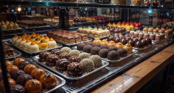 assortment of colorful chocolate pastries and desserts displayed on a bakery counter.