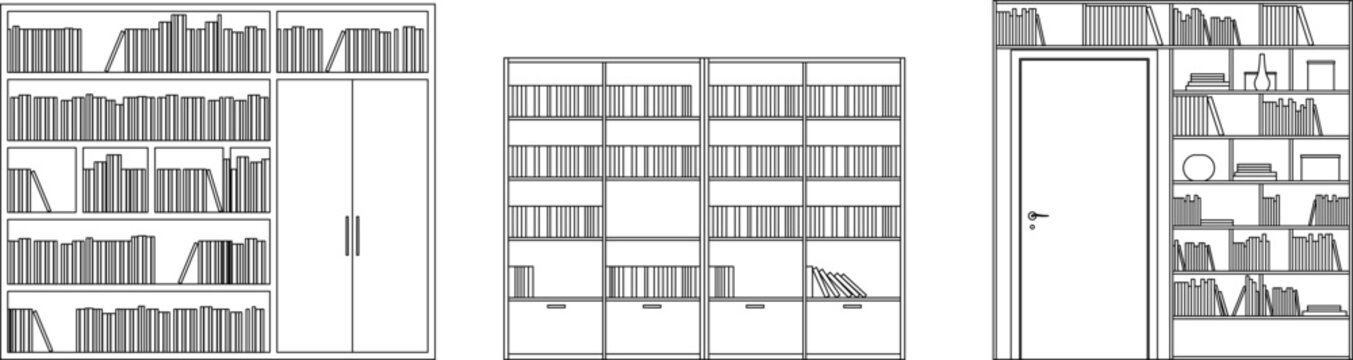 Technical vector set of large interior bookcases and shelving units, including freestanding and built-in designs, in front elevation.