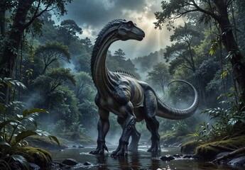 majestic baryonyx wading through a lush prehistoric jungle stream with dramatic lighting.