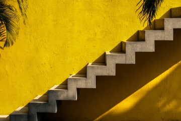 Modern concrete stairs against a vibrant yellow wall with dramatic shadow play