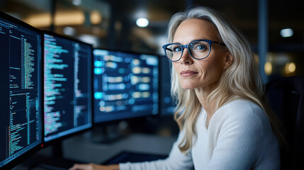 Senior woman programmer focused at dual monitor workstation with code and analytics at night