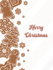 Christmas greeting card with gingerbread cookies in shapes of tree, snowflake, and man. Festive background for holiday design, invitation, or winter decoration